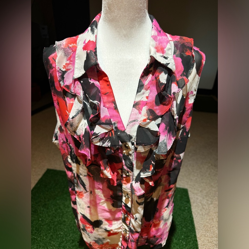 Tahari Multicolor Printed Ruffle Top Sleeveless Size XL - Picture 6 of 14